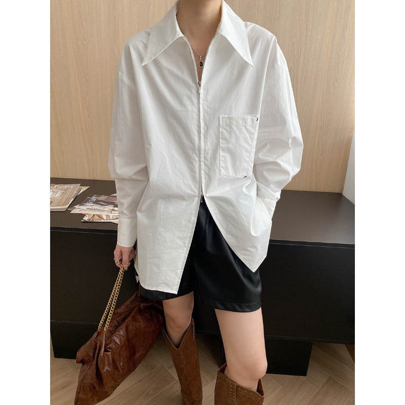 Damen lässige Hemdbluse mit tiefem Kragen und Brusttasche Drune