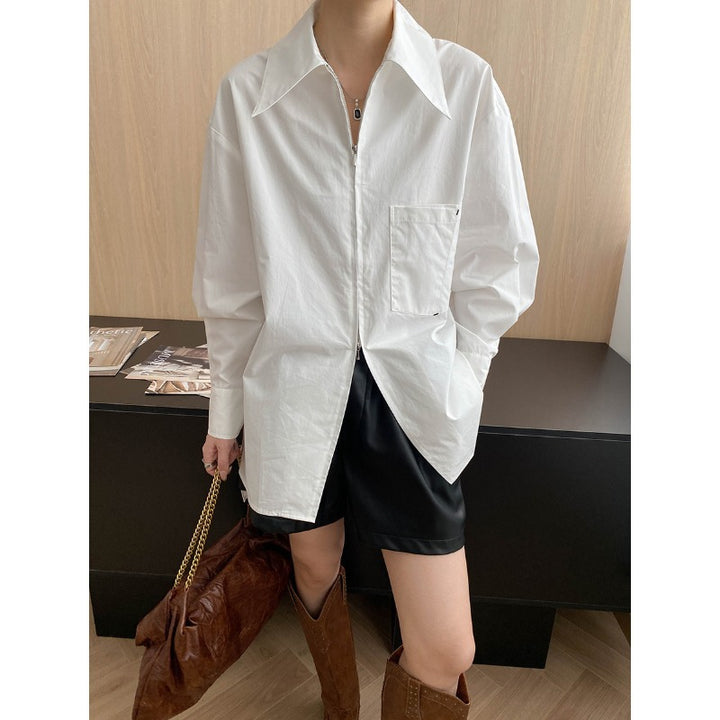 Damen lässige Hemdbluse mit tiefem Kragen und Brusttasche Drune