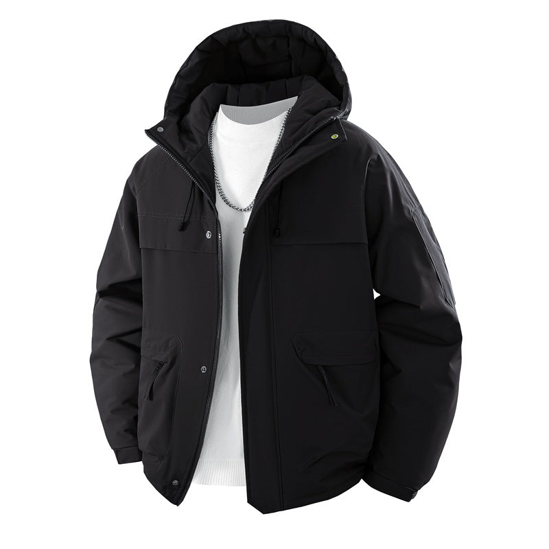 Herren wattierter Kapuzenparka mit hoher Stehkragenlösung, verstellbarem Kordelzug und multifunktionalen Außentaschen Drune
