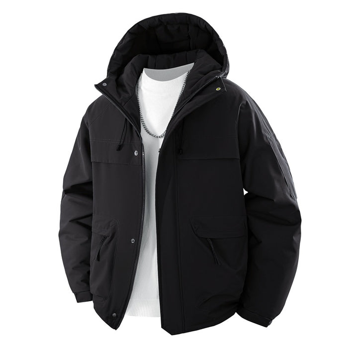 Herren wattierter Kapuzenparka mit hoher Stehkragenlösung, verstellbarem Kordelzug und multifunktionalen Außentaschen Drune