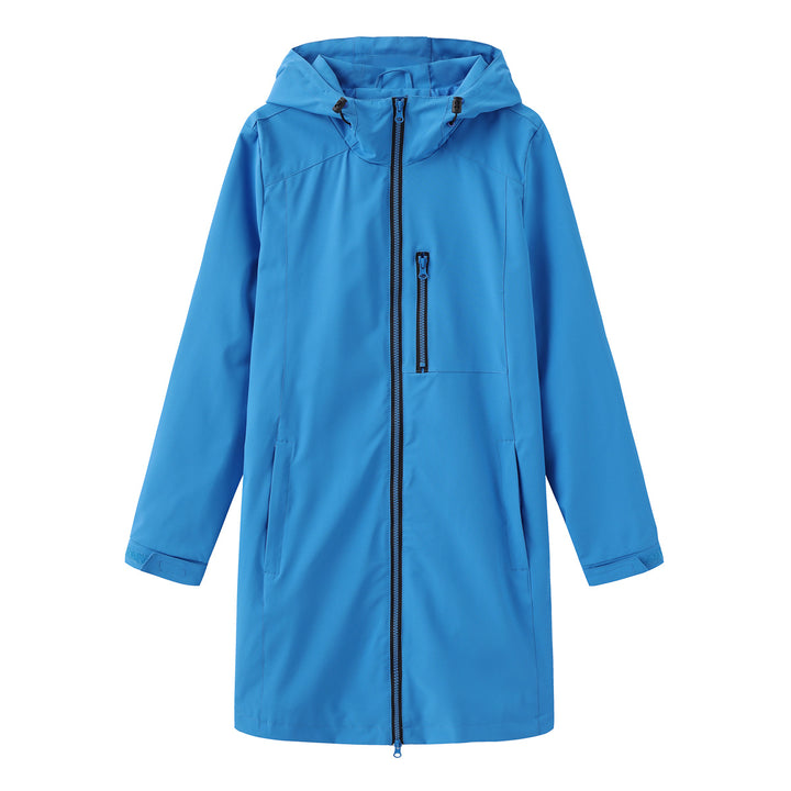 Damen nan lange schlanke Funktionsregenjacke mit durchgehendem Reißverschluss Brustreißverschlusstasche und Klettmanschetten Drune