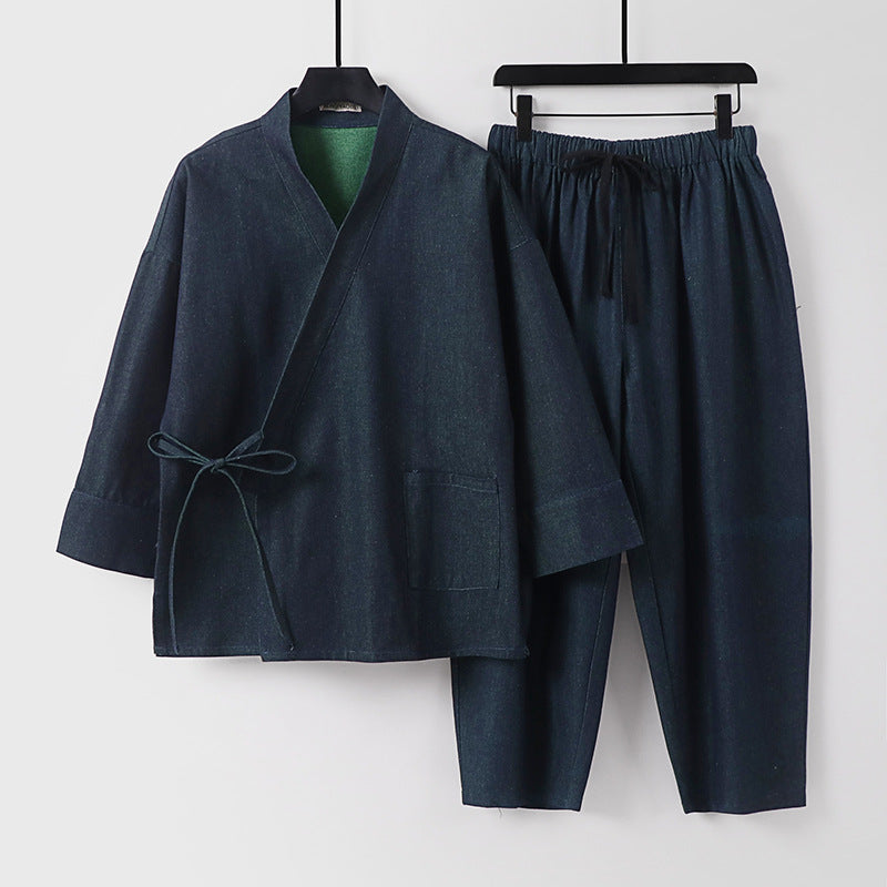 Unisex Lässiges Denim-Kimono-Set mit kurzarm Jacke, Bindeband und elastischer Bundhose Drune
