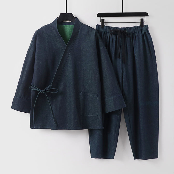 Unisex Lässiges Denim-Kimono-Set mit kurzarm Jacke, Bindeband und elastischer Bundhose Drune