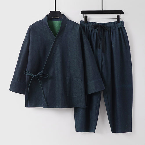 Unisex Lässiges Denim-Kimono-Set mit kurzarm Jacke, Bindeband und elastischer Bundhose Drune