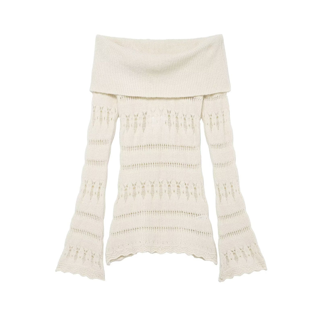 Damen Off-Shoulder Feinstrickpullover mit überfallendem Rollkragen und Trompetenärmeln Drune
