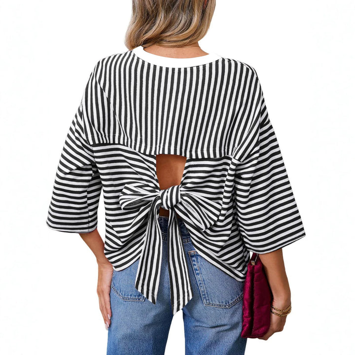 Damen Gestreiftes Oversize-Shirt mit Rückenausschnitt und Schleifenbindung Drune