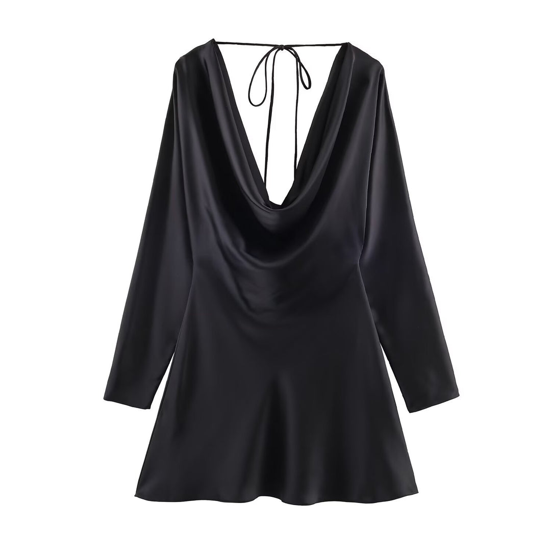 Damen Kurzes Satin-Minikleid mit tiefem Wasserfall‑Rücken, V‑Ausschnitt vorne und langen Ärmeln Drune