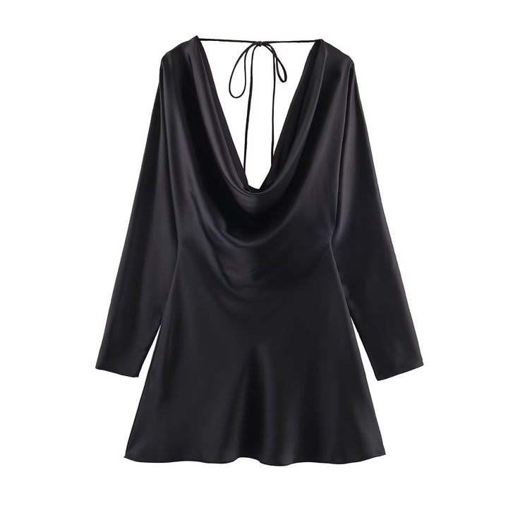 Damen Kurzes Satin-Minikleid mit tiefem Wasserfall‑Rücken, V‑Ausschnitt vorne und langen Ärmeln Drune