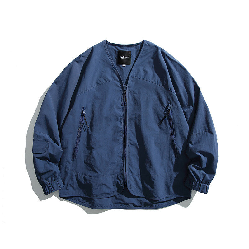 Unisex Leichte Oversize‑Überhemdjacke aus technischem Nylonmix mit V‑Ausschnitt und Reißverschlusstaschen Drune