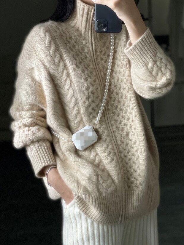 Damen Oversize Zopfmuster-Mockneckpullover aus kuscheligem Mohair‑Look Drune
