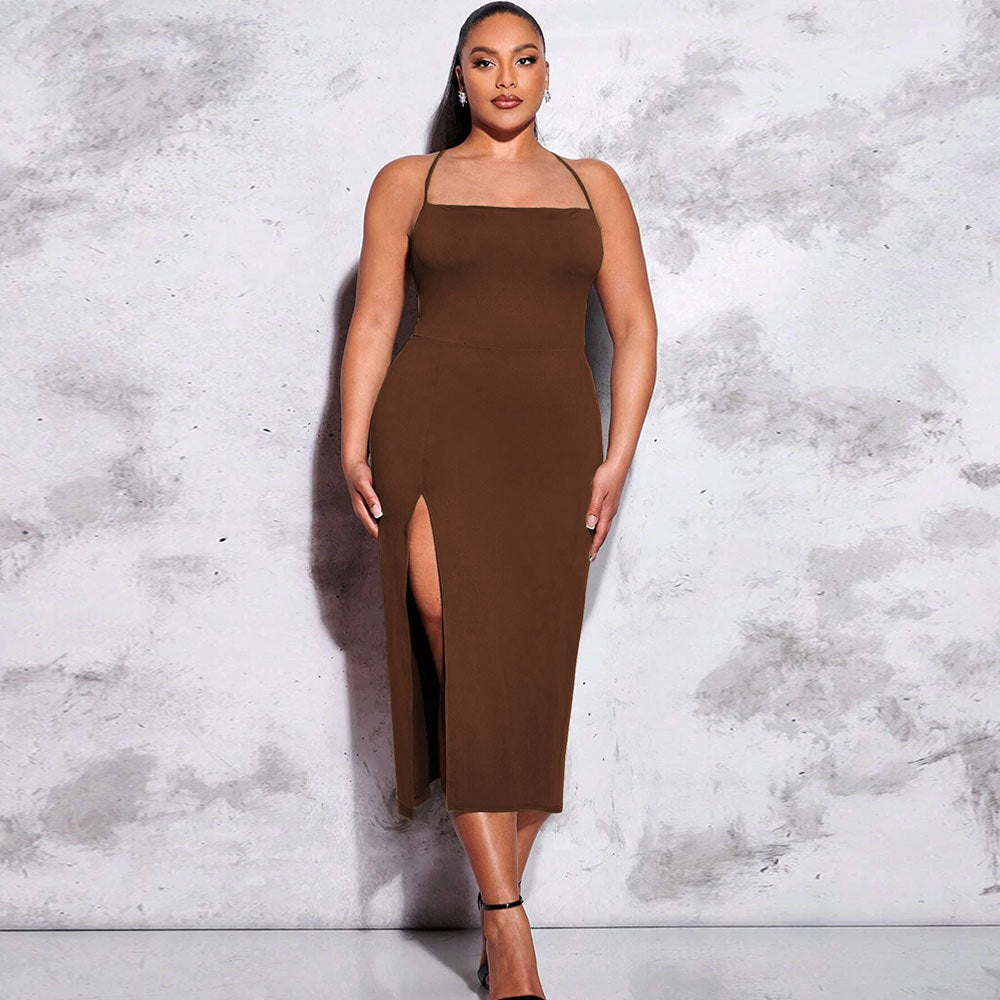 Damen schickes Maxikleid mit Spaghetti-Trägern und seitlichem Schlitz Drune