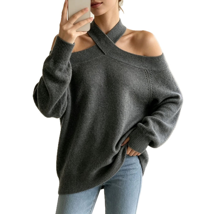 Damen Grobgestrickter schulterfreier Pullover mit überkreuztem Neckholder Drune