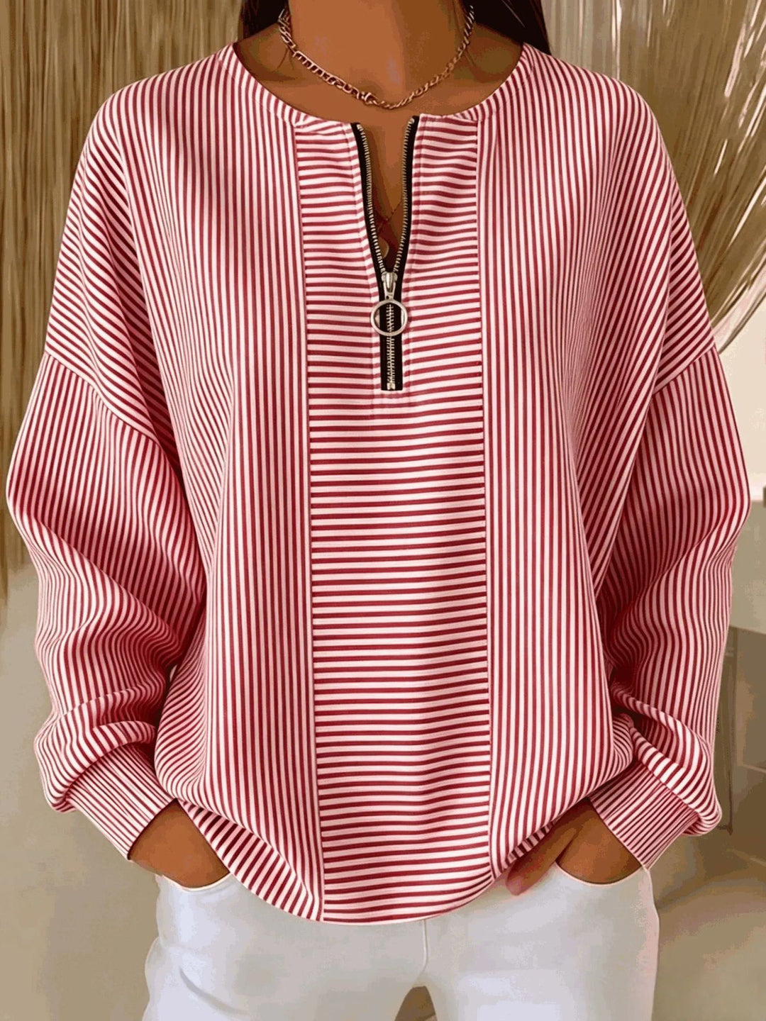 Damen Oversize Pullover mit feiner Rippstruktur und kurzem Zipper Drune