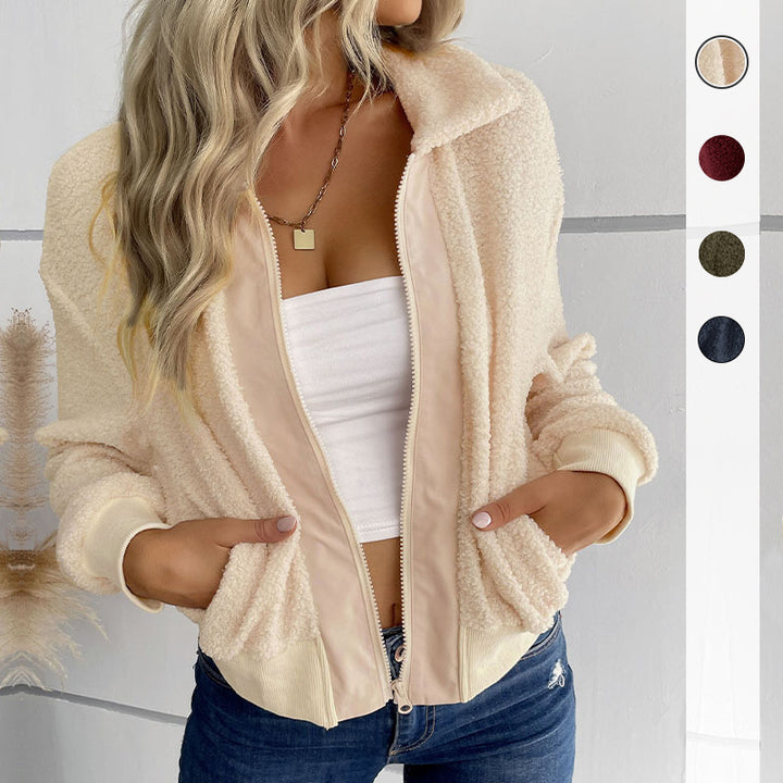 Damen Teddyjacke mit Reißverschluss, Stehkragen und Rippbündchen Drune