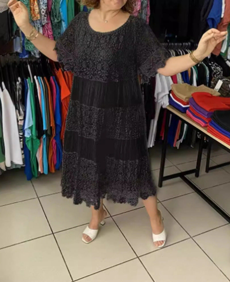 Damen nan mehrlagiges Spitzen-Midikleid mit plissierten Einsätzen und Volantärmeln Drune