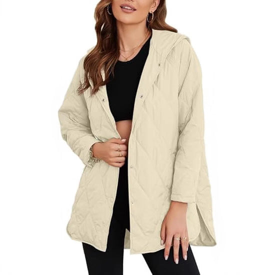 Damen gesteppte Kapuzenjacke mit Oversize-Schnitt, Druckknopfverschluss und Seitenschlitzen Drune