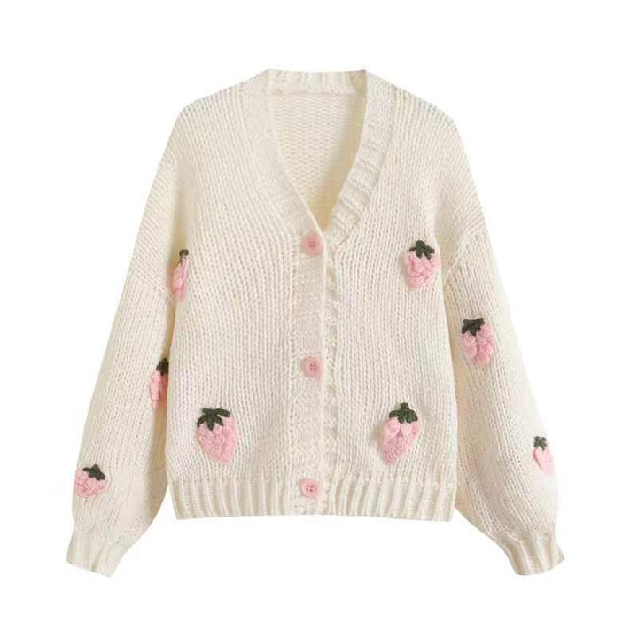 Damen Kurzcardigan mit Erdbeer-Applikationen und grobem Strick Drune