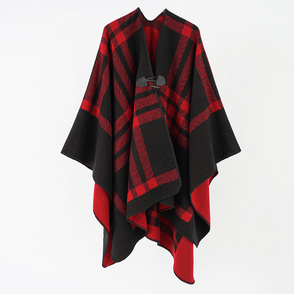 Damen Reversibler Wollmix-Poncho mit Knebelverschluss und Karomuster Drune