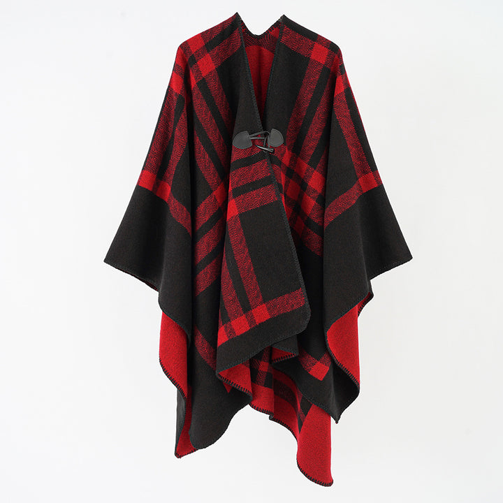 Damen Reversibler Wollmix-Poncho mit Knebelverschluss und Karomuster Drune