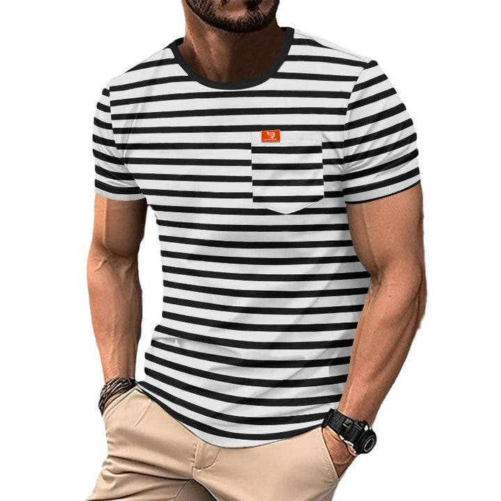 Herren nan lässiges gestreiftes Baumwoll-Jersey T-Shirt mit Rundhalsausschnitt und unaufdringlichem Logo-Patch Drune
