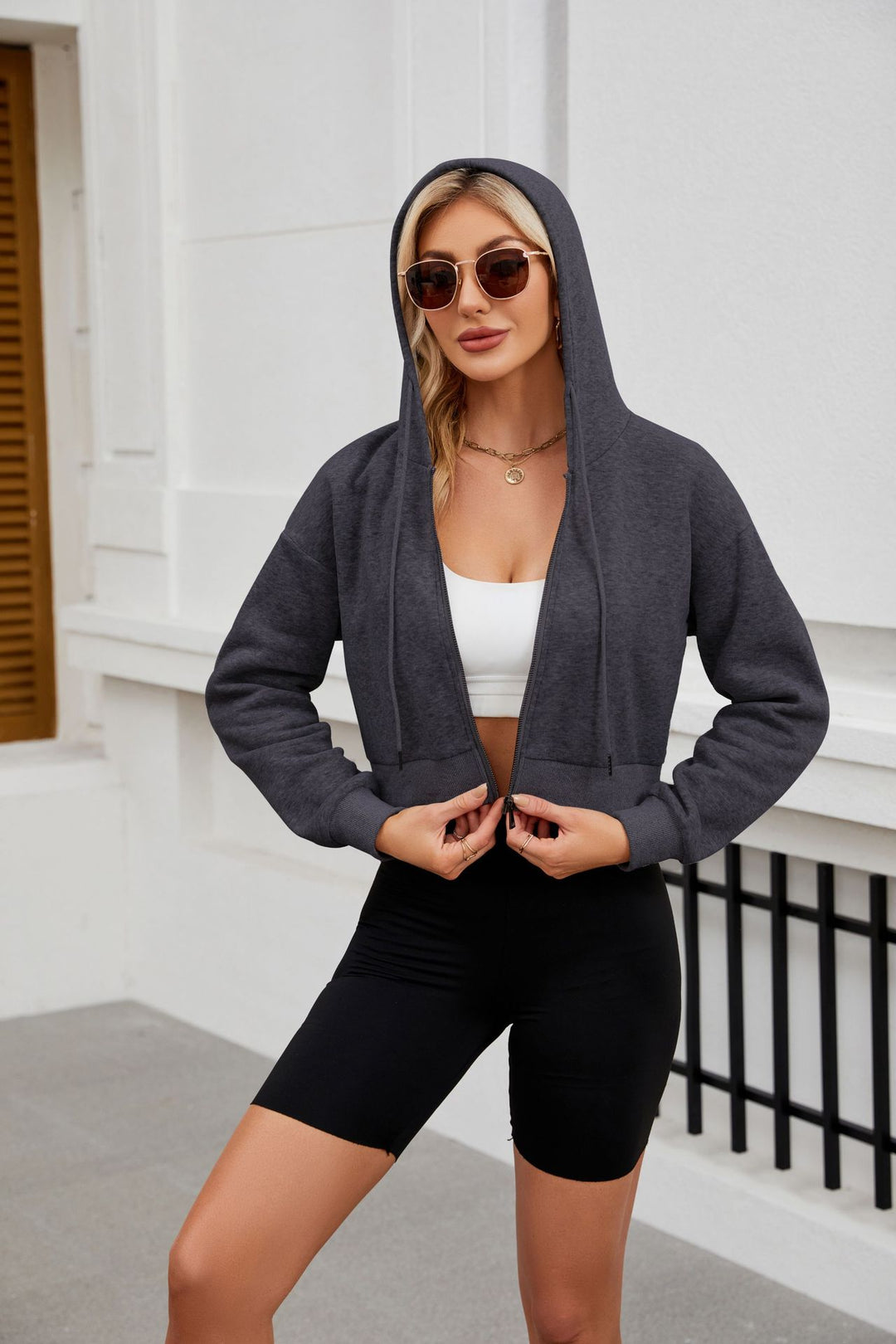 Damen Kurze Zip‑Hoodie Jacke mit Kapuze, Gummibund und Rippbündchen Drune