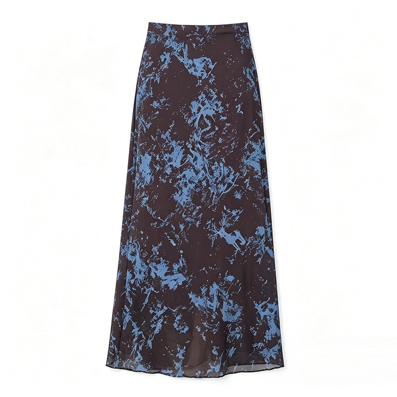 Damen nan A-Linien Maxirock mit semi-transparenter Chiffonlage und abstraktem Batik-Print Drune
