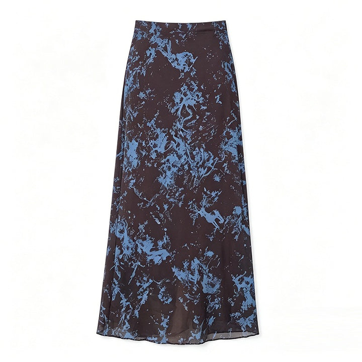 Damen nan A-Linien Maxirock mit semi-transparenter Chiffonlage und abstraktem Batik-Print Drune
