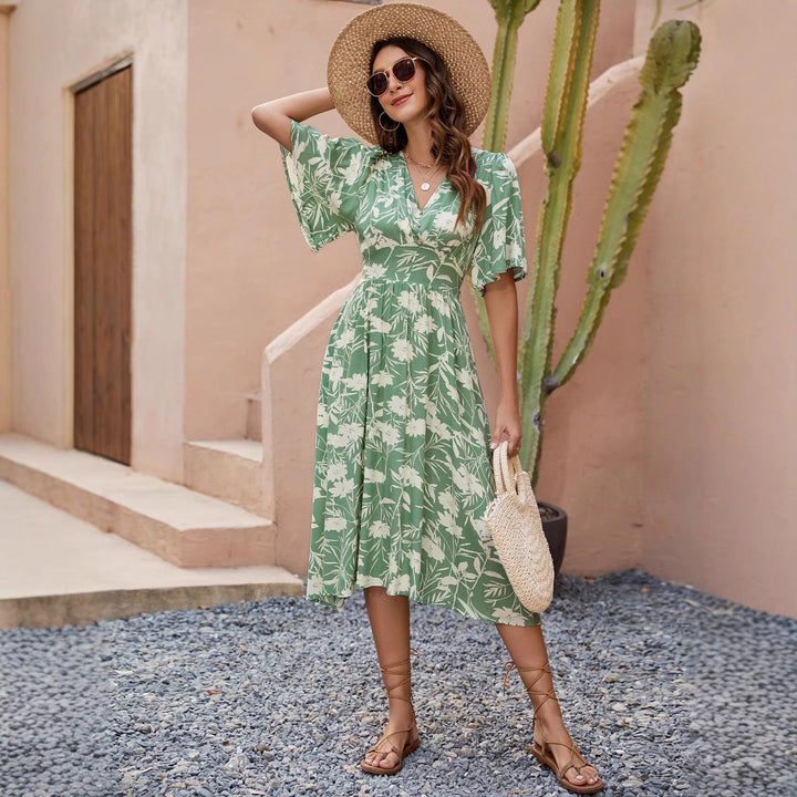 Damen Midi-Kleid im Boho-Stil mit floralen Mustern Drune