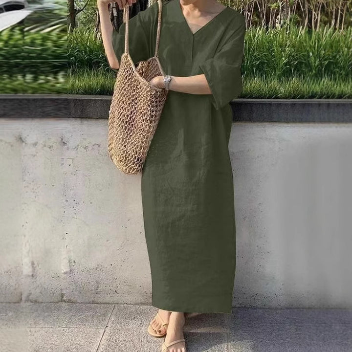 Damen Lässiges Leinen-Maxikleid mit V-Ausschnitt und Oversize-Relax-Fit Drune