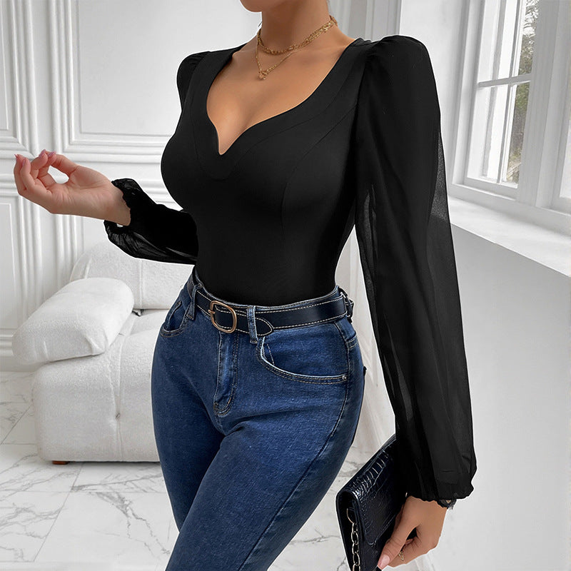 Damen Eleganter Bodys mit V-Ausschnitt und Puffärmeln Drune