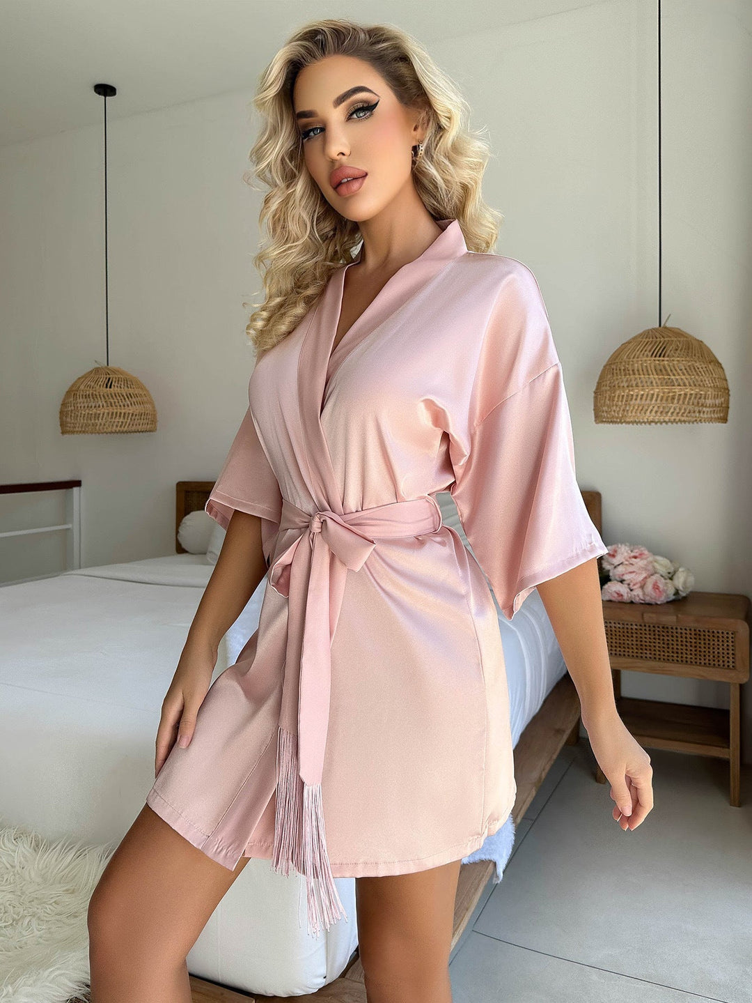 Drune Kurzer Cardigan Krawatte Quaste Bademantel Sexy Pyjamas