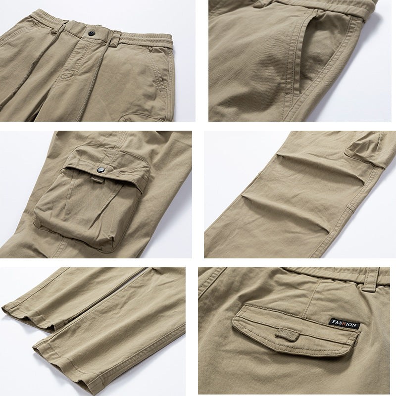 Herren Relaxed-Fit Canvas‑Cargohose mit Elastikbund, verdecktem Tunnelzug und Mehrfach‑Klappentaschen Drune
