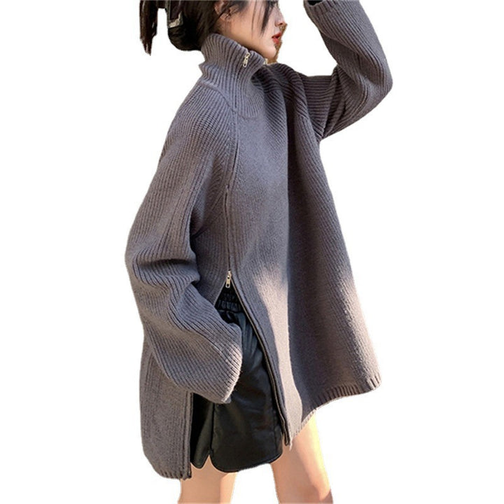Damen Oversized Rollkragenpullover mit seitlichem Reißverschluss und geripptem Design Drune