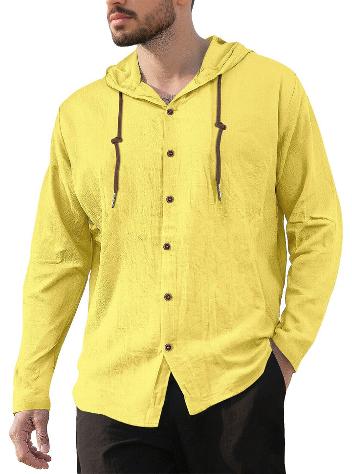 Herren nan Kapuzenhemd im Leinen-Look mit durchgehender Knopfleiste und Kordelzug Drune