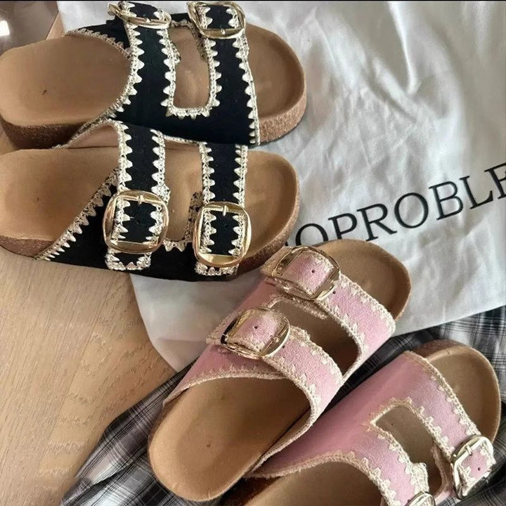 Damen Comfort-Sandalen mit zweifachen verstellbaren Riemen, gepolstertem anatomischem Fußbett und goldener Metallschnalle Drune