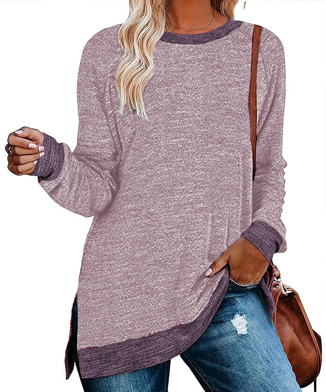 Damen lässiges Oversized Langarmshirt mit abgesetztem Saum Drune