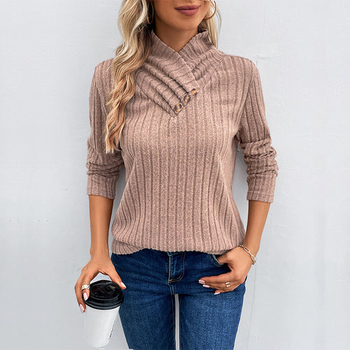 Damen Gerippter Feinstrickpullover mit überlappendem Stehkragen Drune