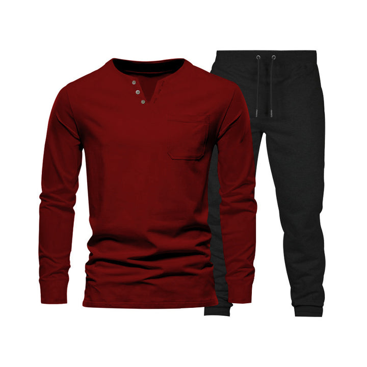Herren Langarm‑Henley Loungewear‑Set mit Brusttasche und tapered Jogginghose Drune
