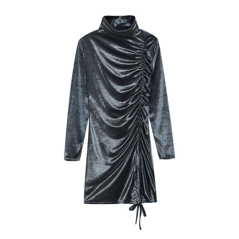 Damen Partykleid mit hochgeschlossenem Kragen und Raffungen Drune