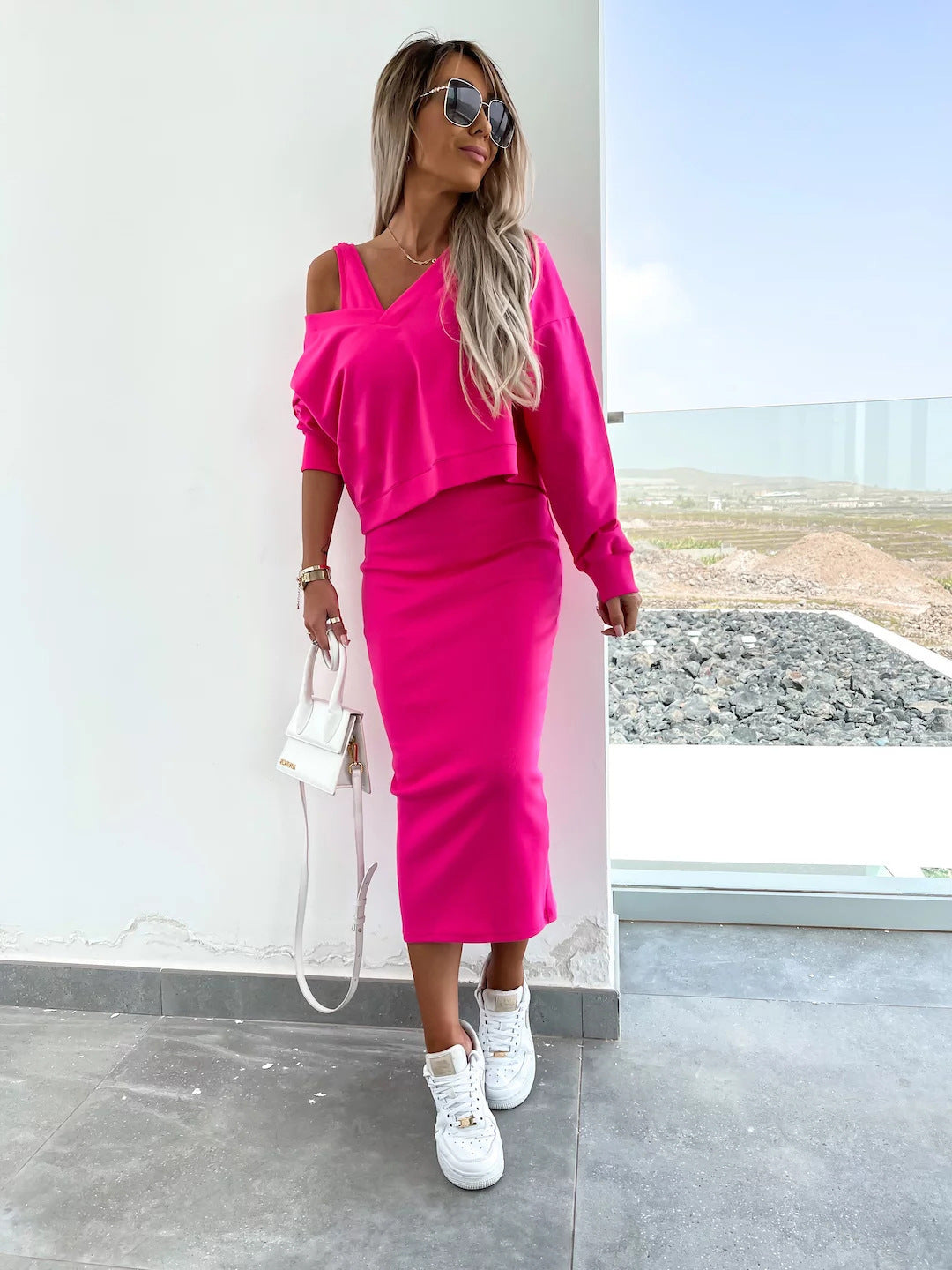 Damen weiches geripptes Lounge-Set mit Oversize-Viskoseshirt und High-Waist Schlaghose Drune