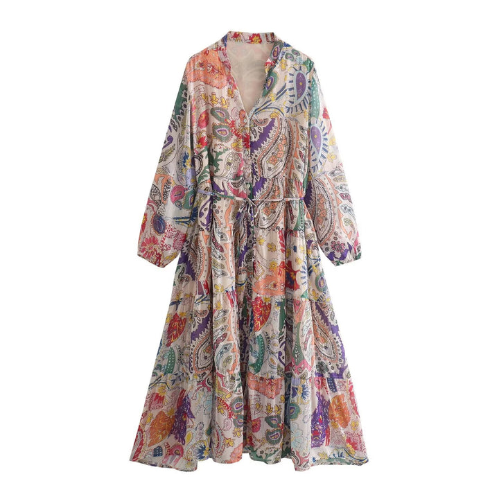 Damen Maxikleid mit Paisley‑Print, V‑Ausschnitt, Taillenband und Stufenrock Drune