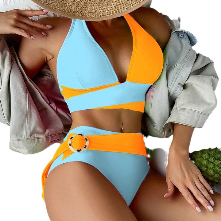 Damen Triangel-Bikini mit modischen Farbblock-Details und dekorativem Gürtel Drune