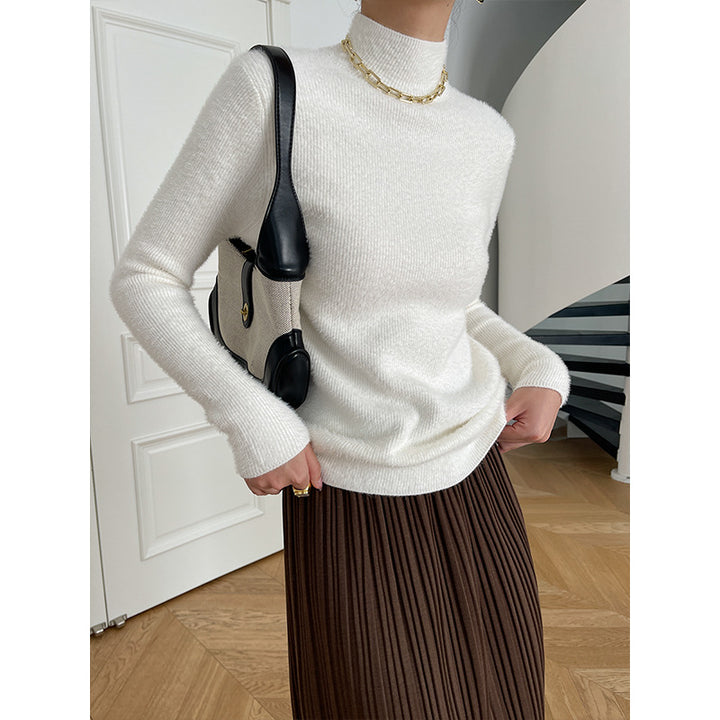 Damen eleganter Rippstrickpullover mit hohem Kragen und tailliertem Schnitt Drune