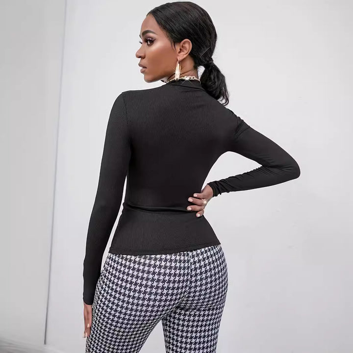 Damen nan figurbetontes transparentes Netz-Langarmshirt mit hohem Kragen und Strass-Skelettmotiv Drune