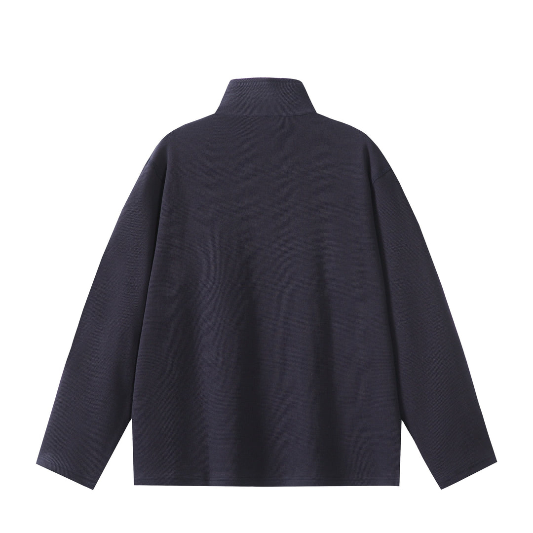 Unisex Leichter Waffelstrick-Halbzip-Pullover mit Stehkragen und Brustzippertasche Drune
