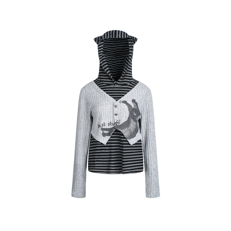 Damen Lagenlook-Kapuzenpullover mit gestreiftem Unterteil und kurzem Rippbolero Drune