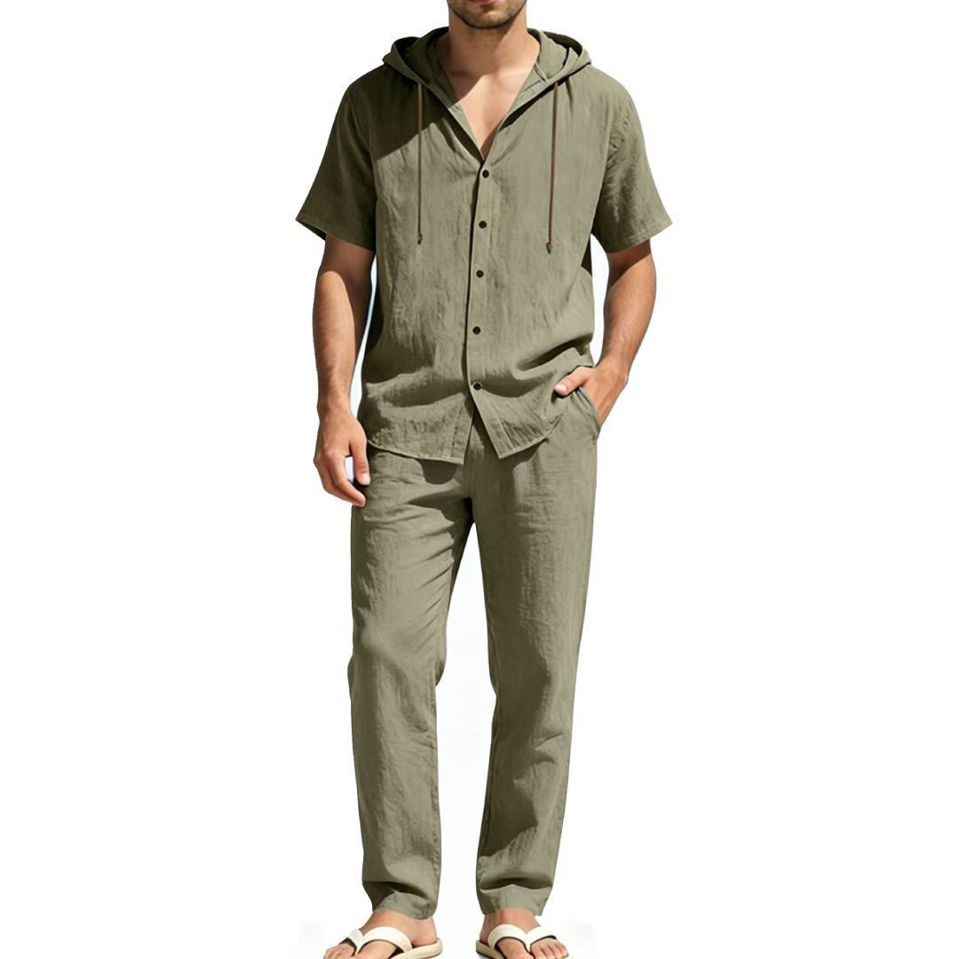 Herren nan luftiges Leinen-Lounge-Set mit kurzärmeligem Kapuzenhemd und gerader Relaxhose Drune