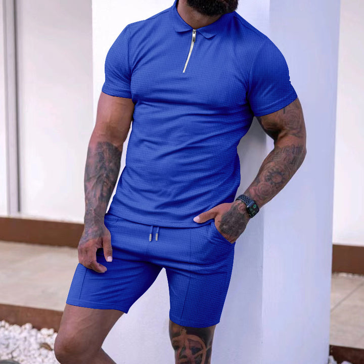 Herren modisches Polo- und Shorts-Set mit strukturiertem Gewebe und funktionalem Reißverschluss Drune