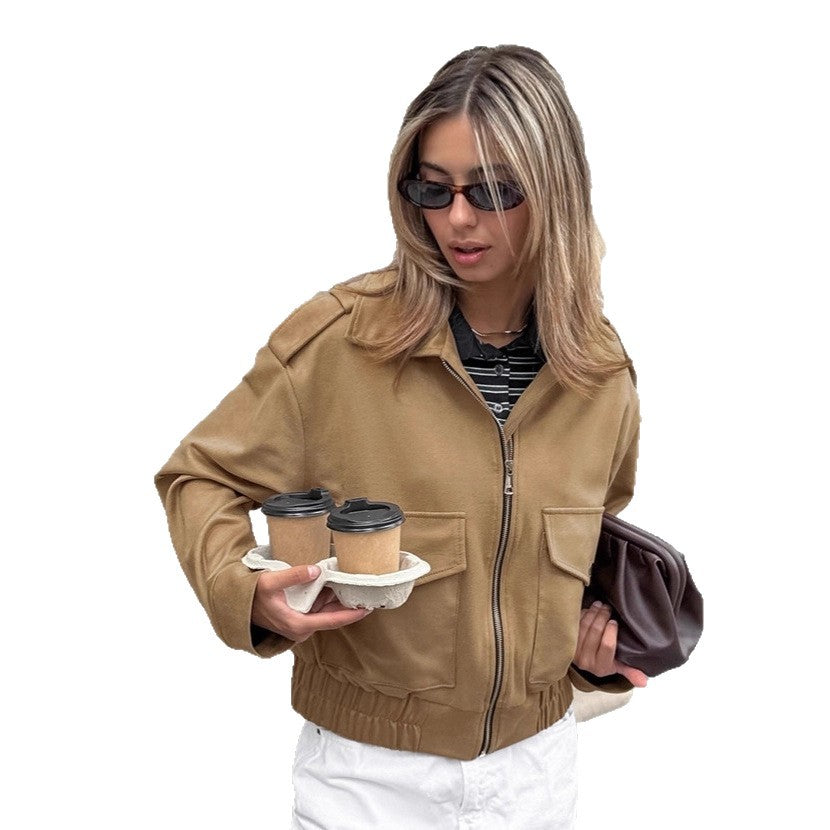 Damen Modische Suede Bomberjacke mit praktischen Taschen und Reißverschluss Drune