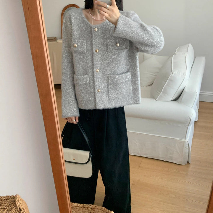 Damen Kuschelige Strickjacke mit Knopfdetail und aufgesetzten Taschen Drune
